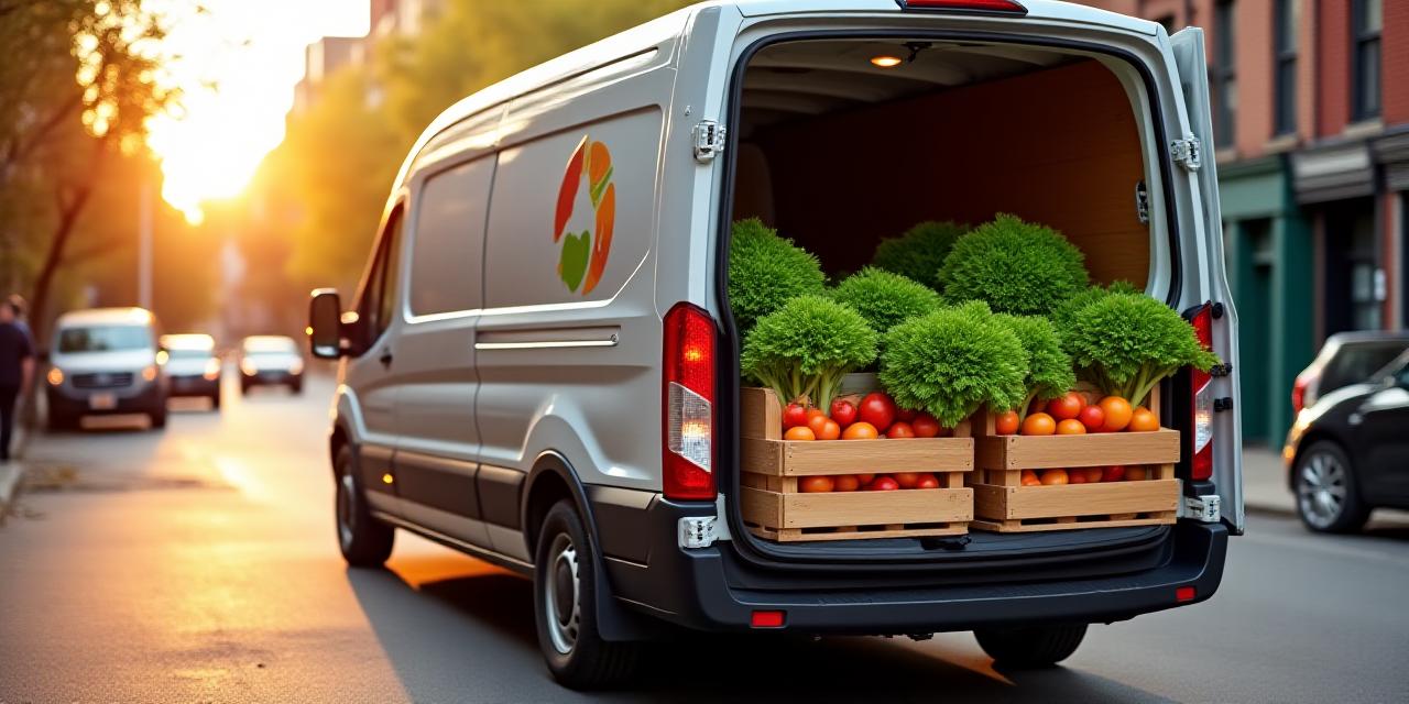 Delivery van filled with fresh produce boxes