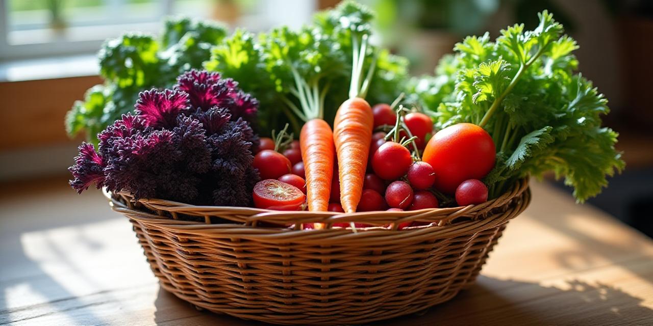 A rustic wooden basket overflowing with fresh organic vegetables from Clay Harvest Provisions