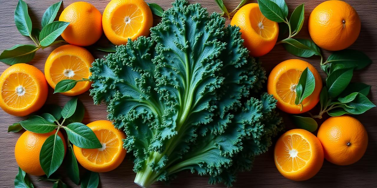 Fresh dewy organic kale and bright citrus on a wooden table